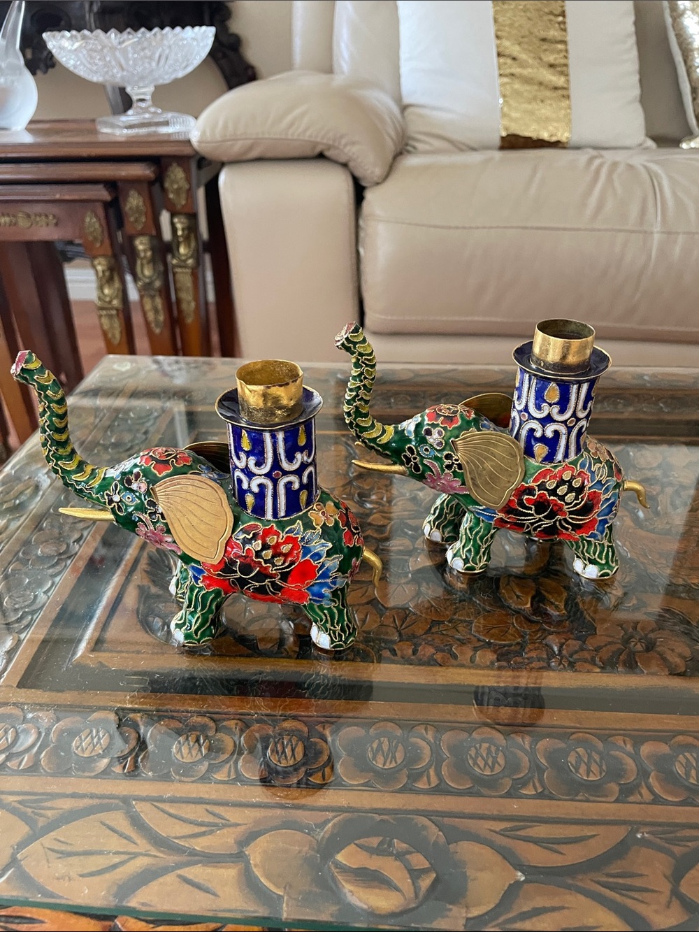 Vintage Pair of Chinese Cloisonne Elephant Candle Stick Holders